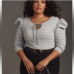 Anthropologie (L) porridge Puffed Sleeve Tie-Front Ribbed Top